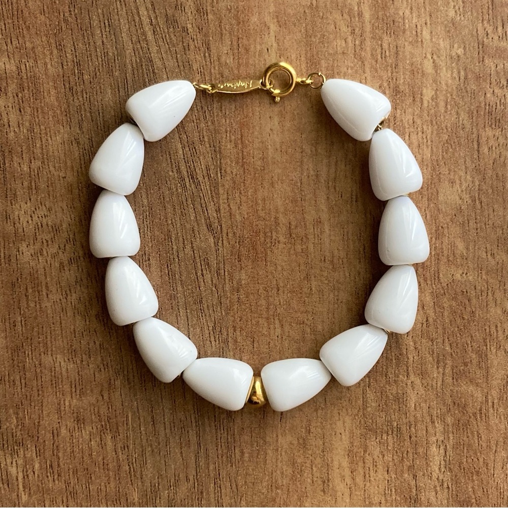 Vintage Napier 80s-90s White Enamel and Gold-toned Beaded Bracelet